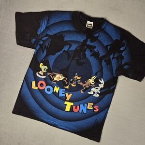 Vintage 1992 Looney Tunes T-shirt Mens XL Bugs Daffy Taz Shadows Blue Tee AOP